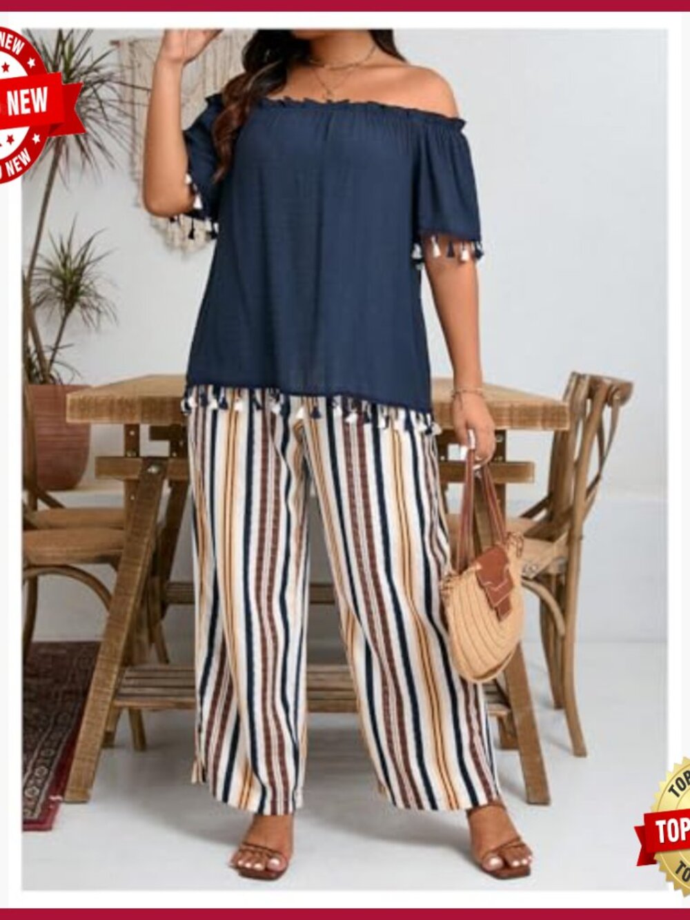 Plus Size Off Shoulder Blouse & Striped Pants Set, Lightweight Polyester - Picture 3 of 5